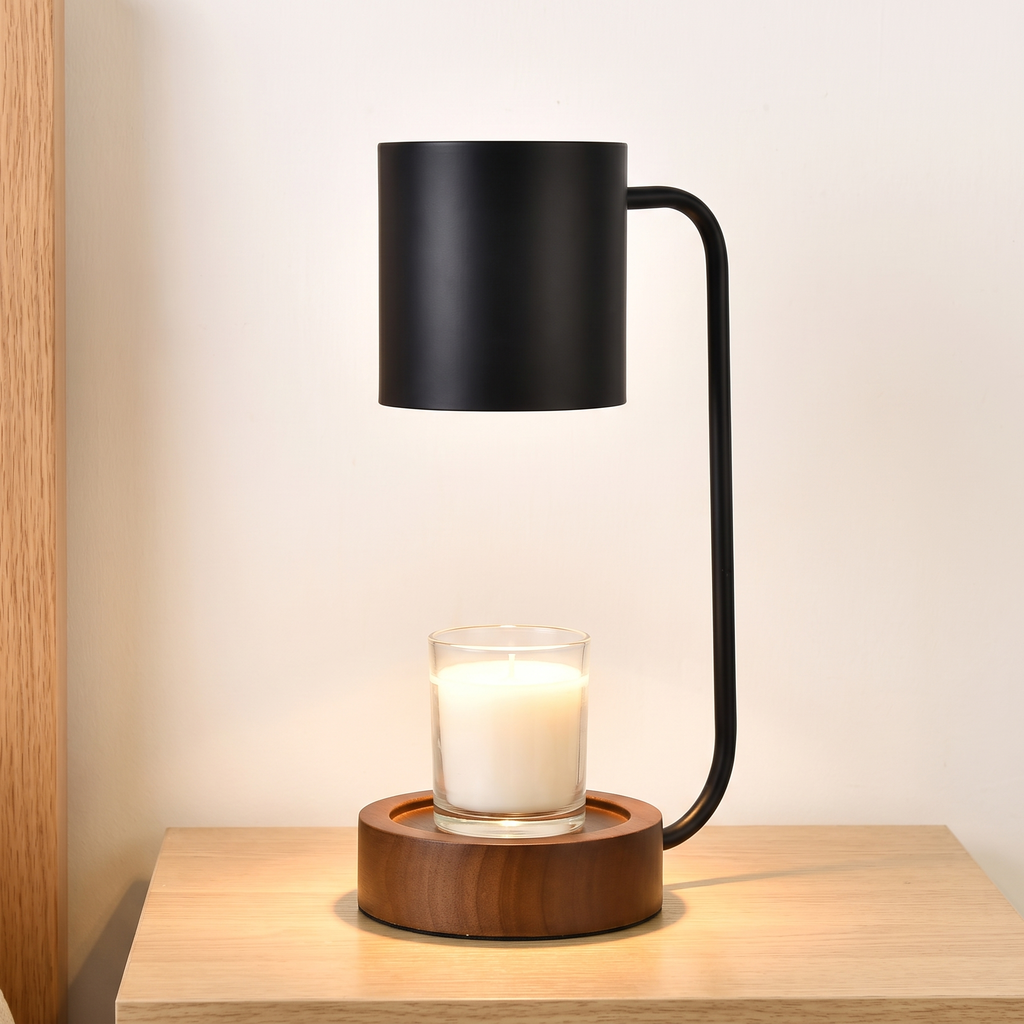 Wax Warmer Lamp with Wood Base, Dimmable Candle Lamp with Timer - Black