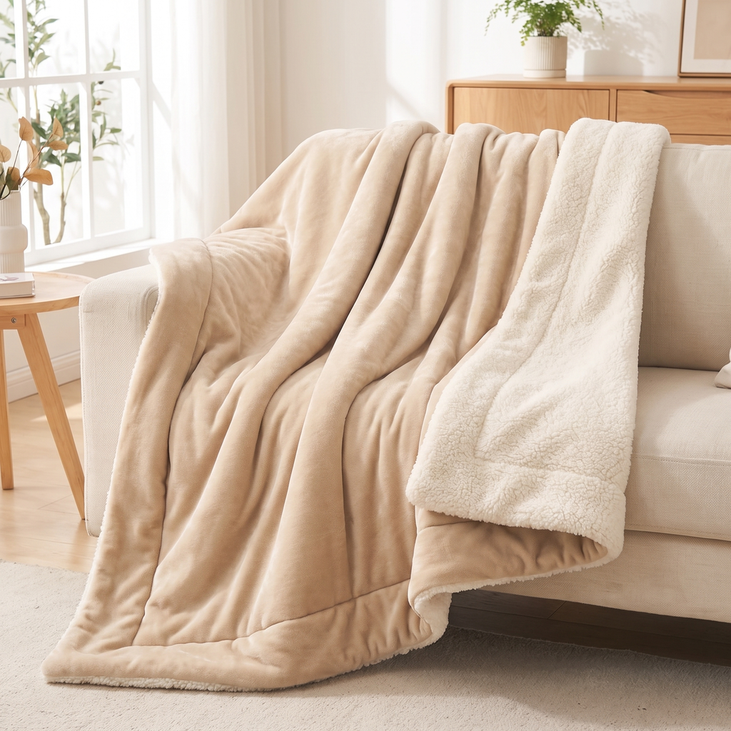 Flannel Throw Blanket, Soft Lightweight Couch Blanket, 10 Colors - Beige