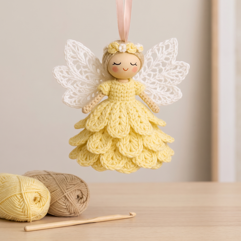 Crochet Angel Ornament Kit, Beginner Christmas Craft Kit, 5 Colors - Yellow