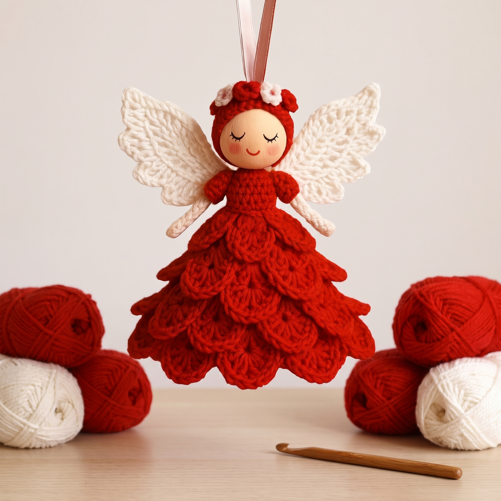 Crochet Angel Ornament Kit, Beginner Christmas Craft Kit, 5 Colors - Red