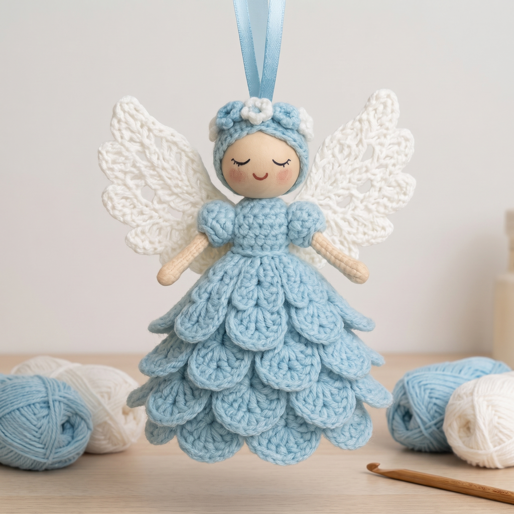 Crochet Angel Ornament Kit, Beginner Christmas Craft Kit, 5 Colors - Blue