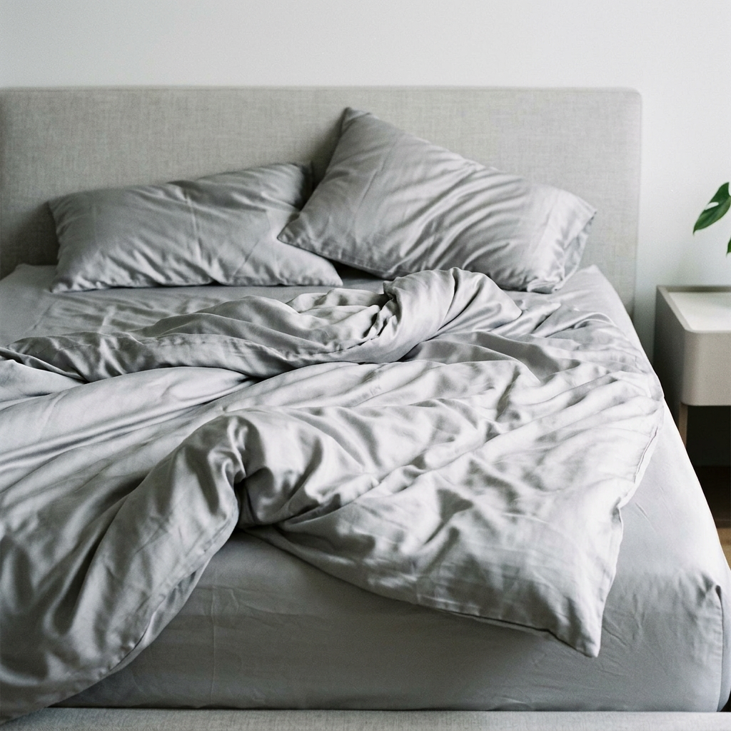 Bamboo sheets set on an unmade bed, Classic Gray