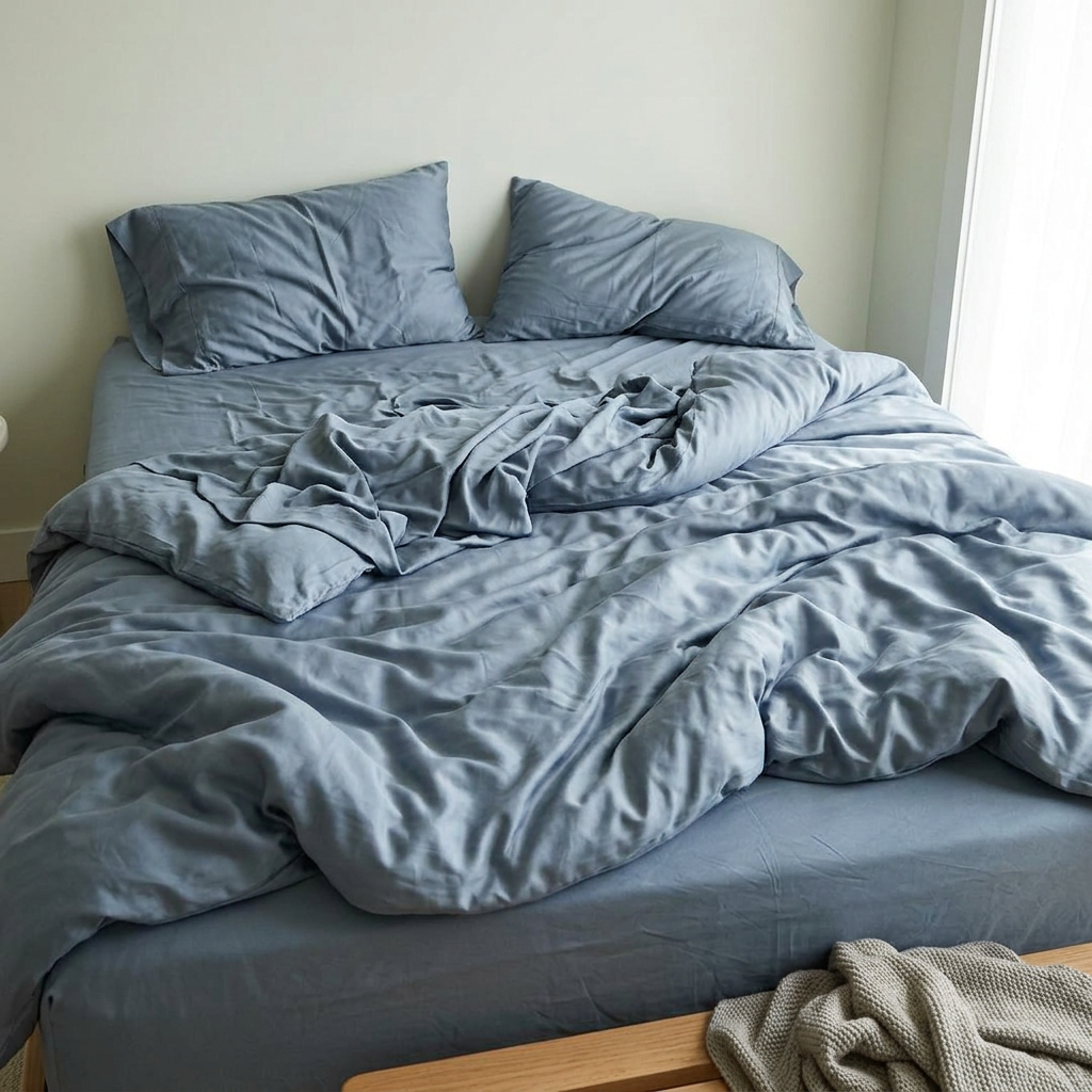 Bamboo sheets set on an unmade bed, Deep Sea Blue