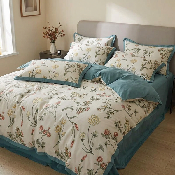 Floral duvet cover set on an unmade bed, Blue