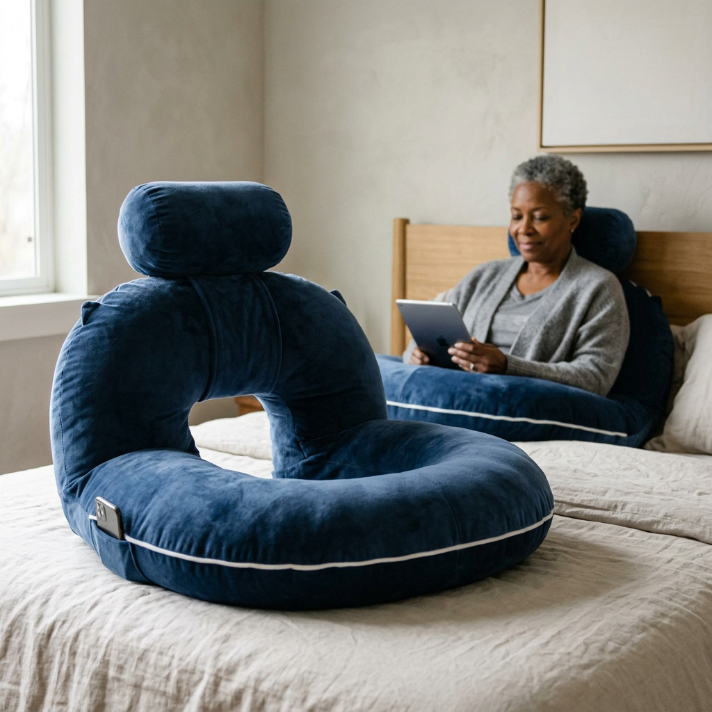 Reading pillow with arms in use on a bed, Navy Blue