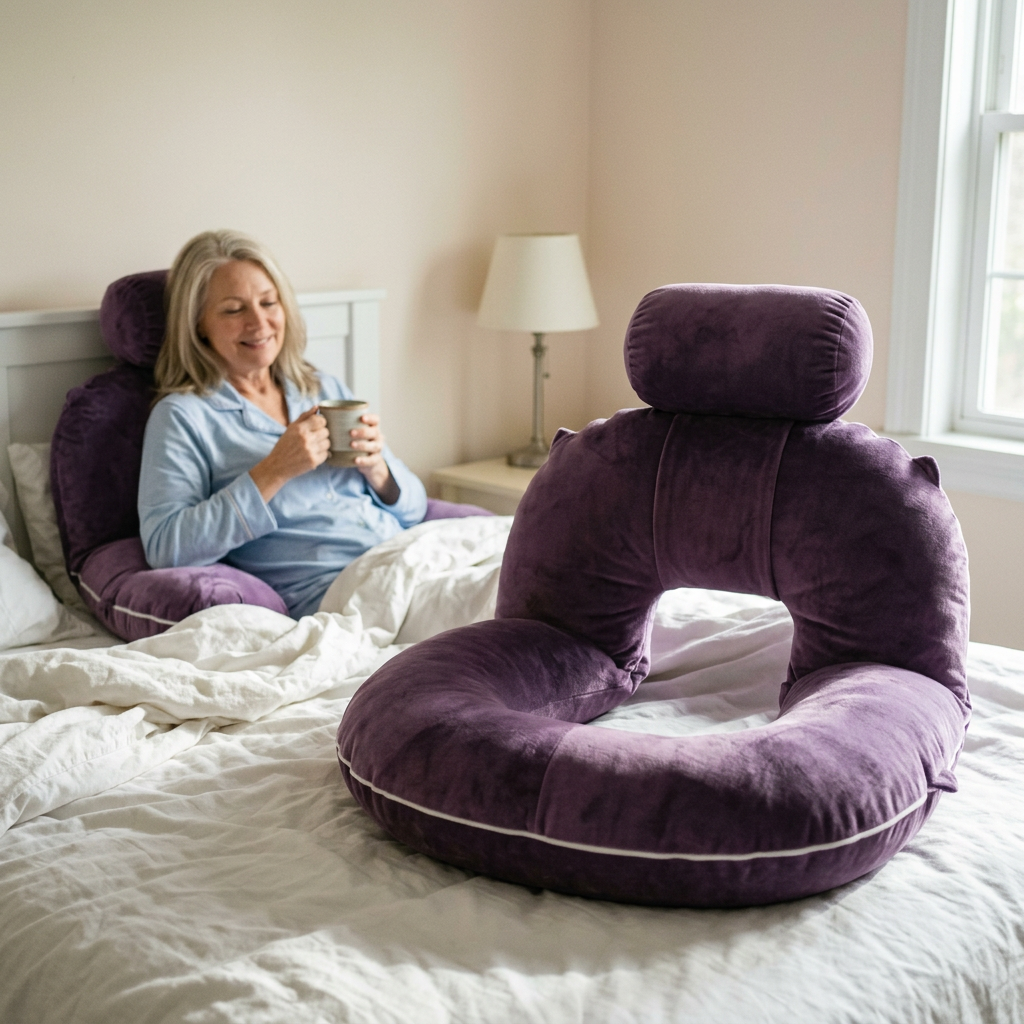 Reading pillow with arms in use on a bed, Dark Purple