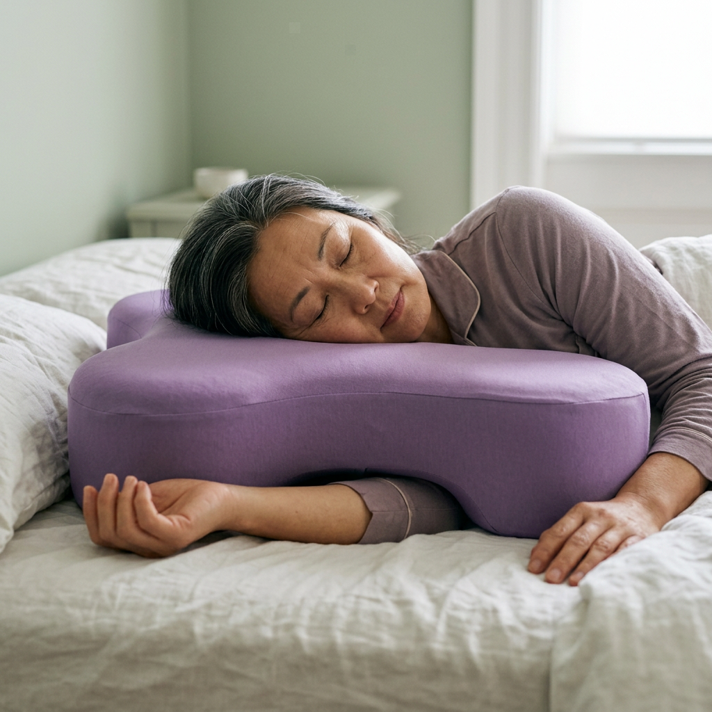 Side sleeper pillow with arm hole in use, Purple