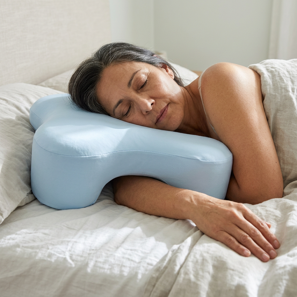 Side sleeper pillow with arm hole in use, Sky Blue