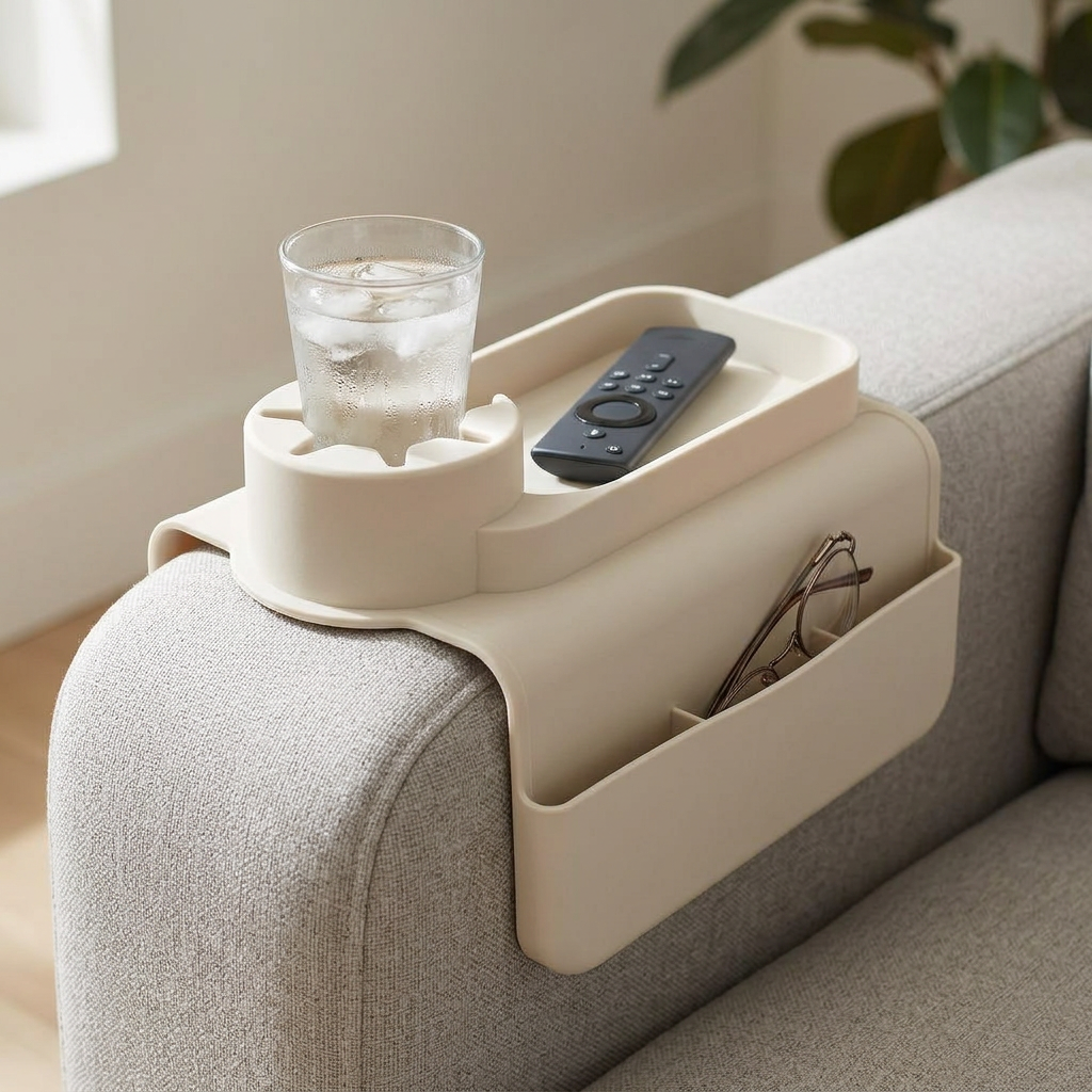Couch cup holder tray on a sofa arm, White