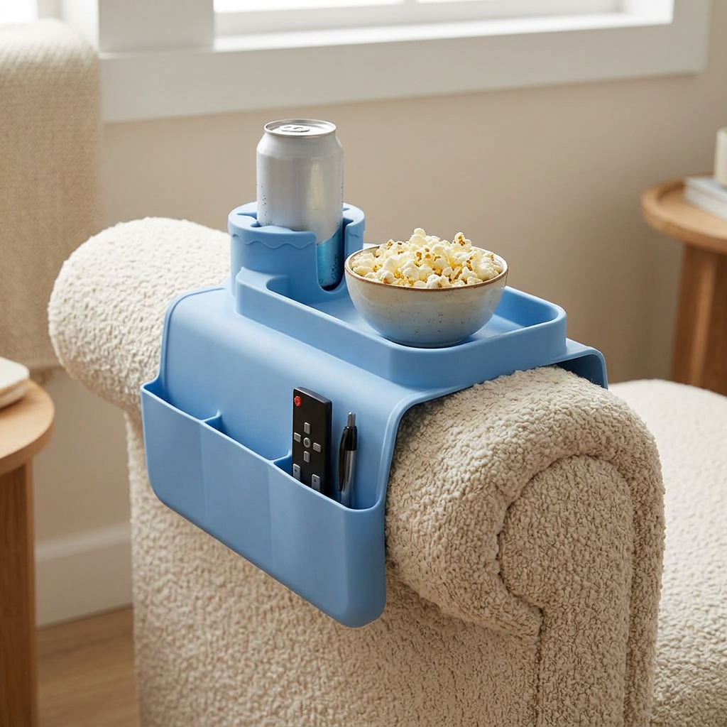 Couch cup holder tray on a sofa arm, Light Blue