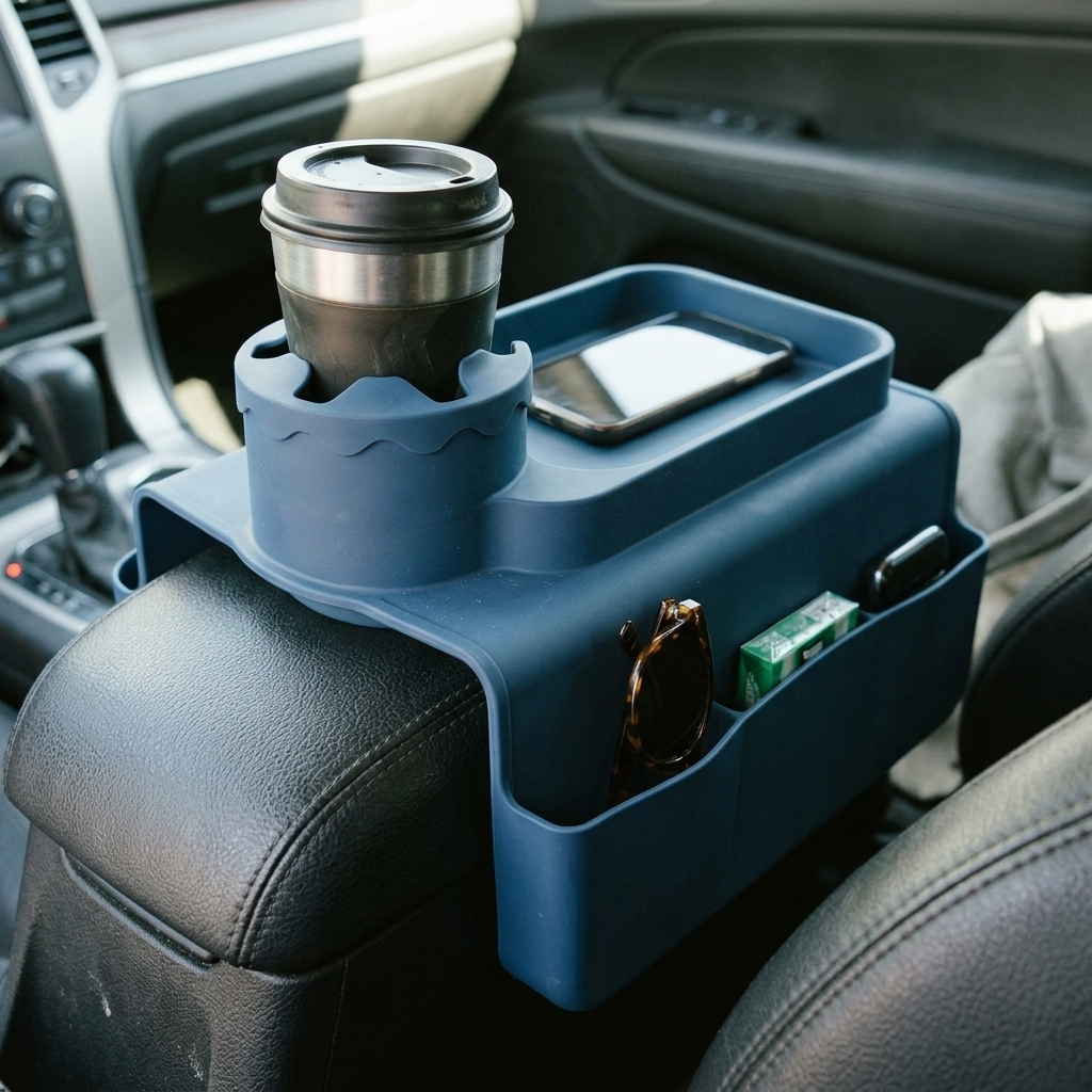 Couch cup holder tray on a car center console, Dark Blue