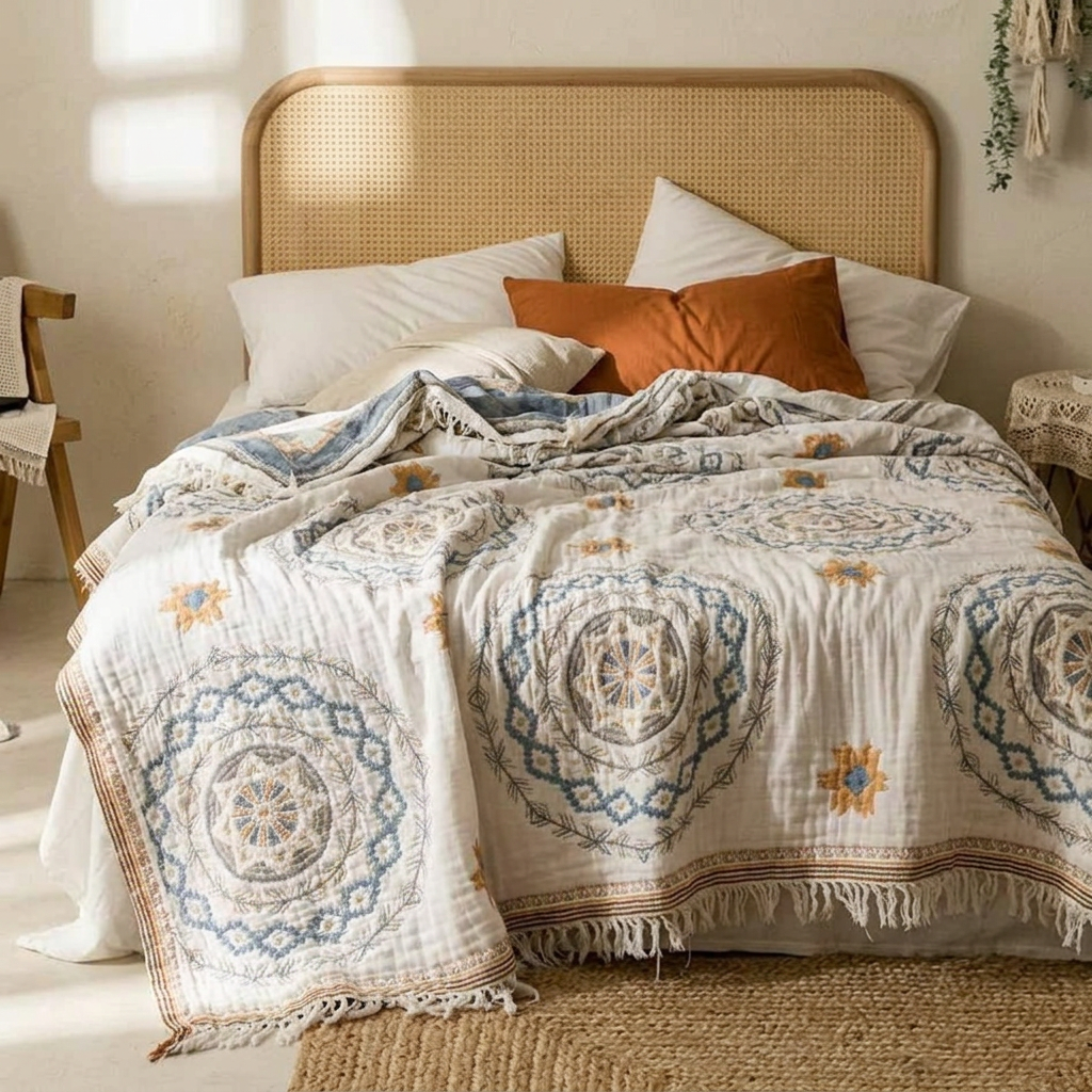 Boho cotton gauze bedspread on an unmade bed