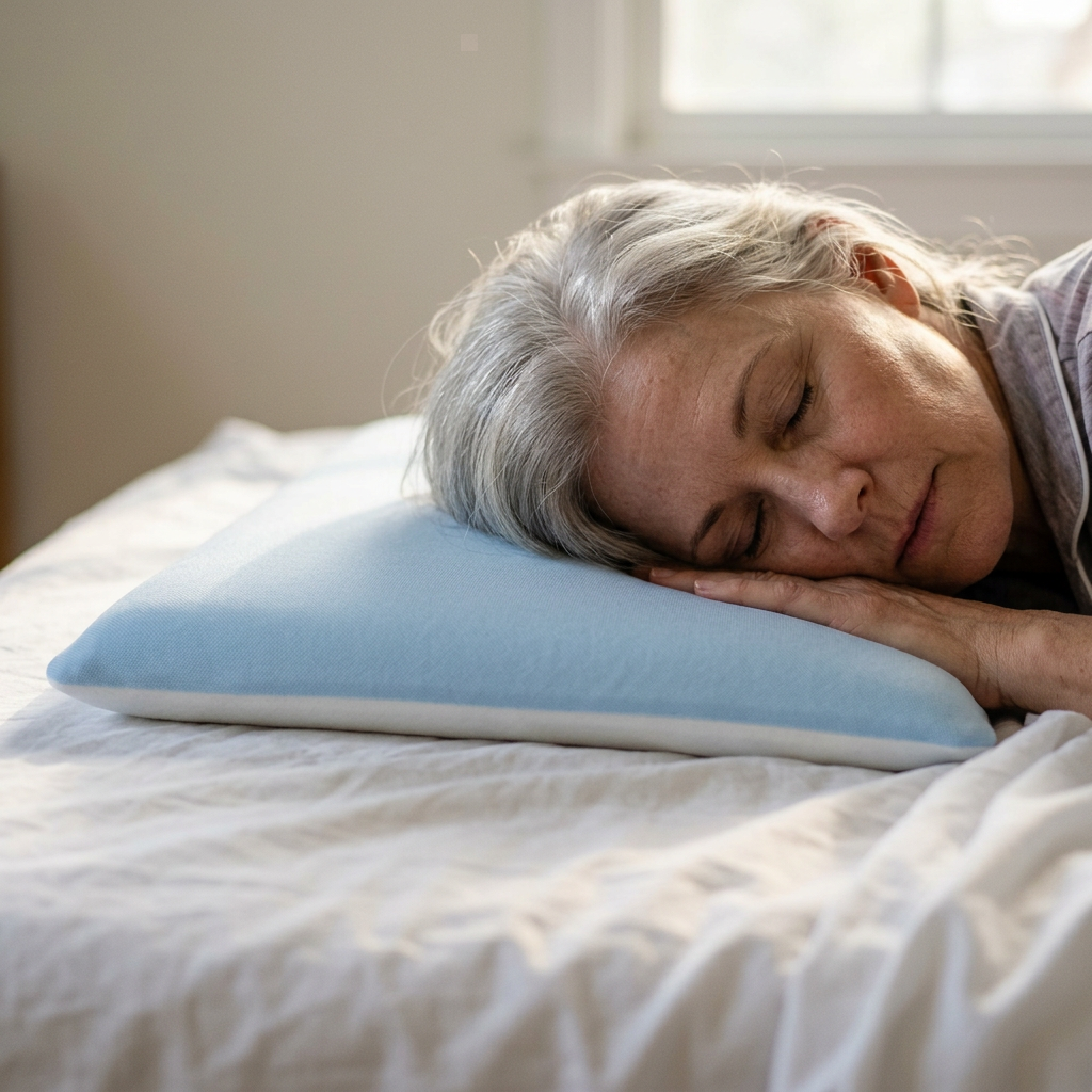 Thin pillow for stomach sleepers in use, Sky Blue