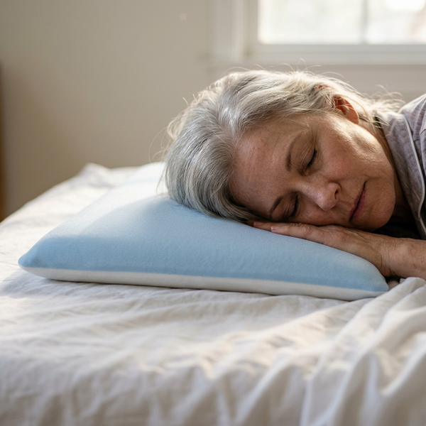 Thin pillow for stomach sleepers in use, Sky Blue