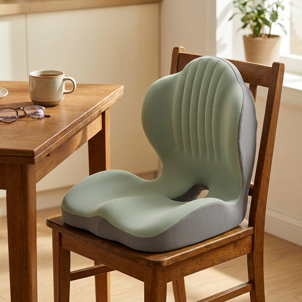 Memory foam seat cushion and back support on a chair, Green