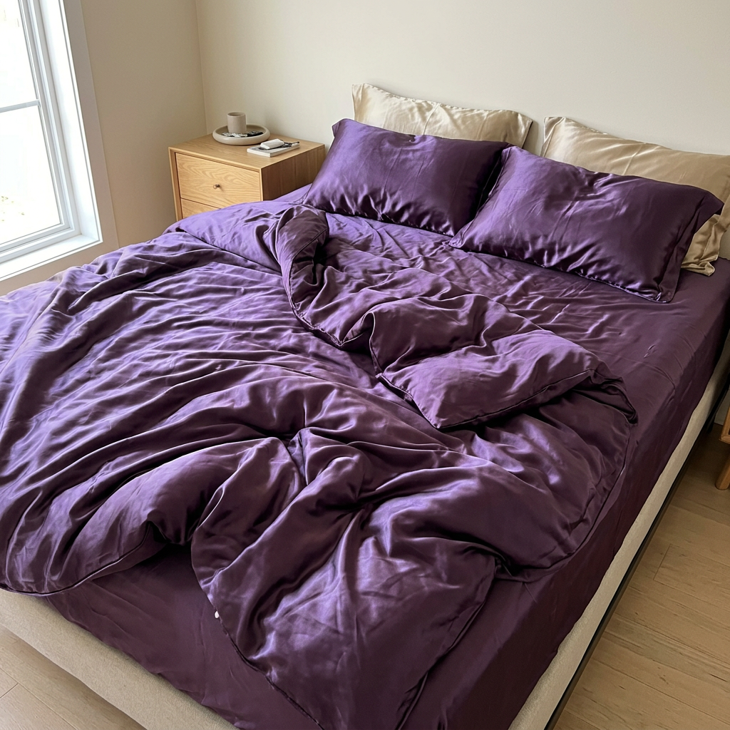 Silk bedding set on an unmade bed, Purple