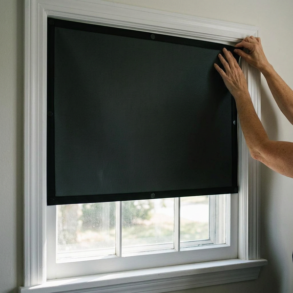 Magnetic blackout window shade on a window, Black
