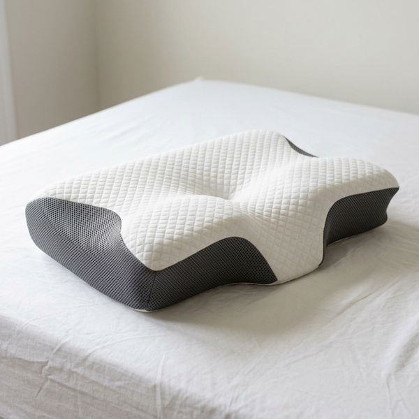 Cervical pillow, contour memory foam pillow on a bed, Gray
