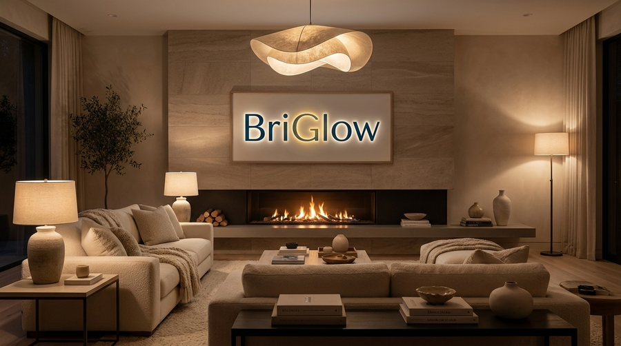 Luwino Home logo over a fireplace in a warm living room