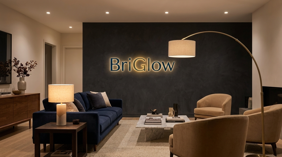 Luwino Home logo on a feature wall in a modern living room