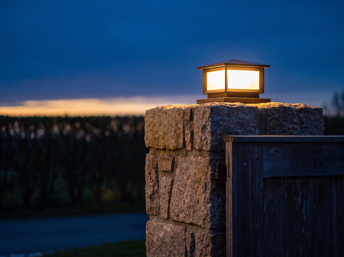 Post cap light glowing warm on a stone pillar at blue hour