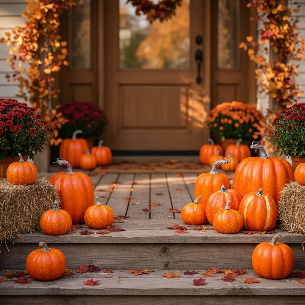 Set of seven orange decorative foam pumpkins on a porch step