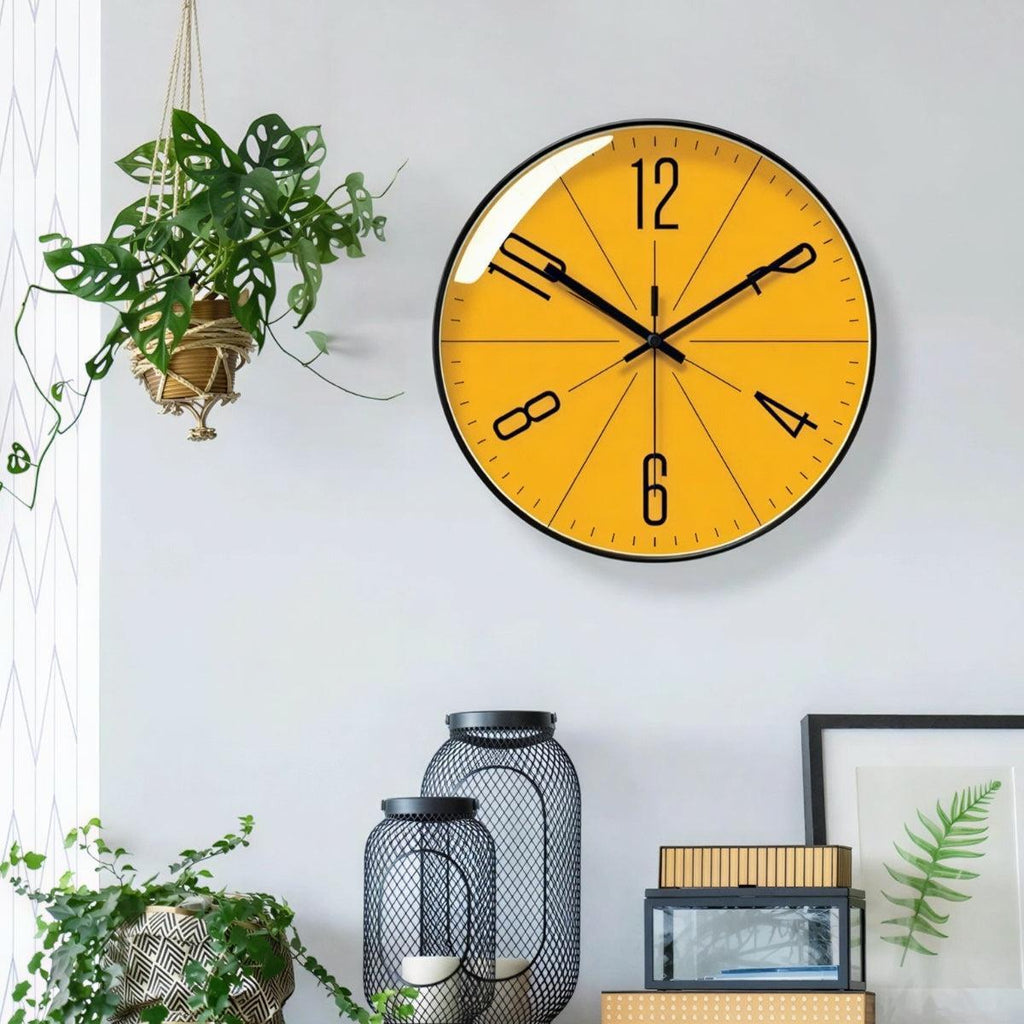 Nordic silent wall clock detail showing glass face