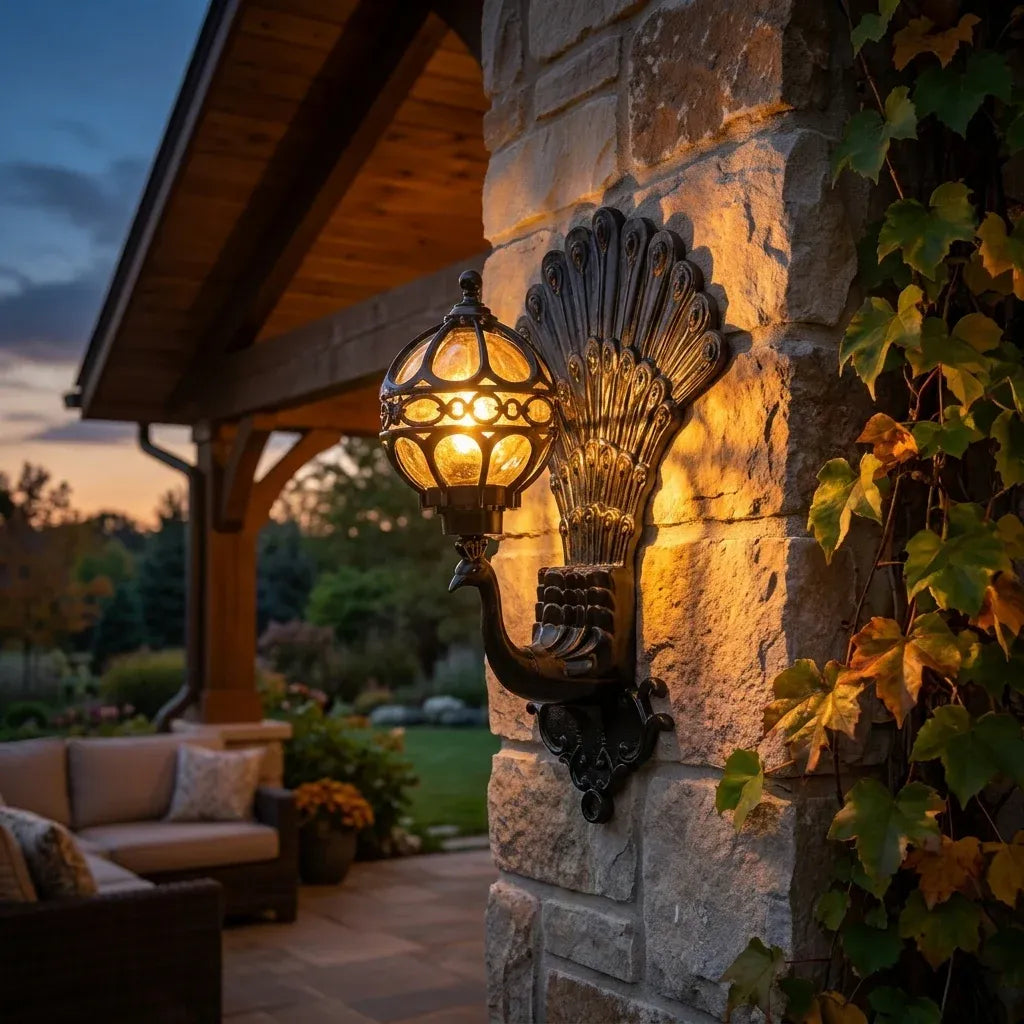 Peacock wall sconce on a covered front porch column at dusk