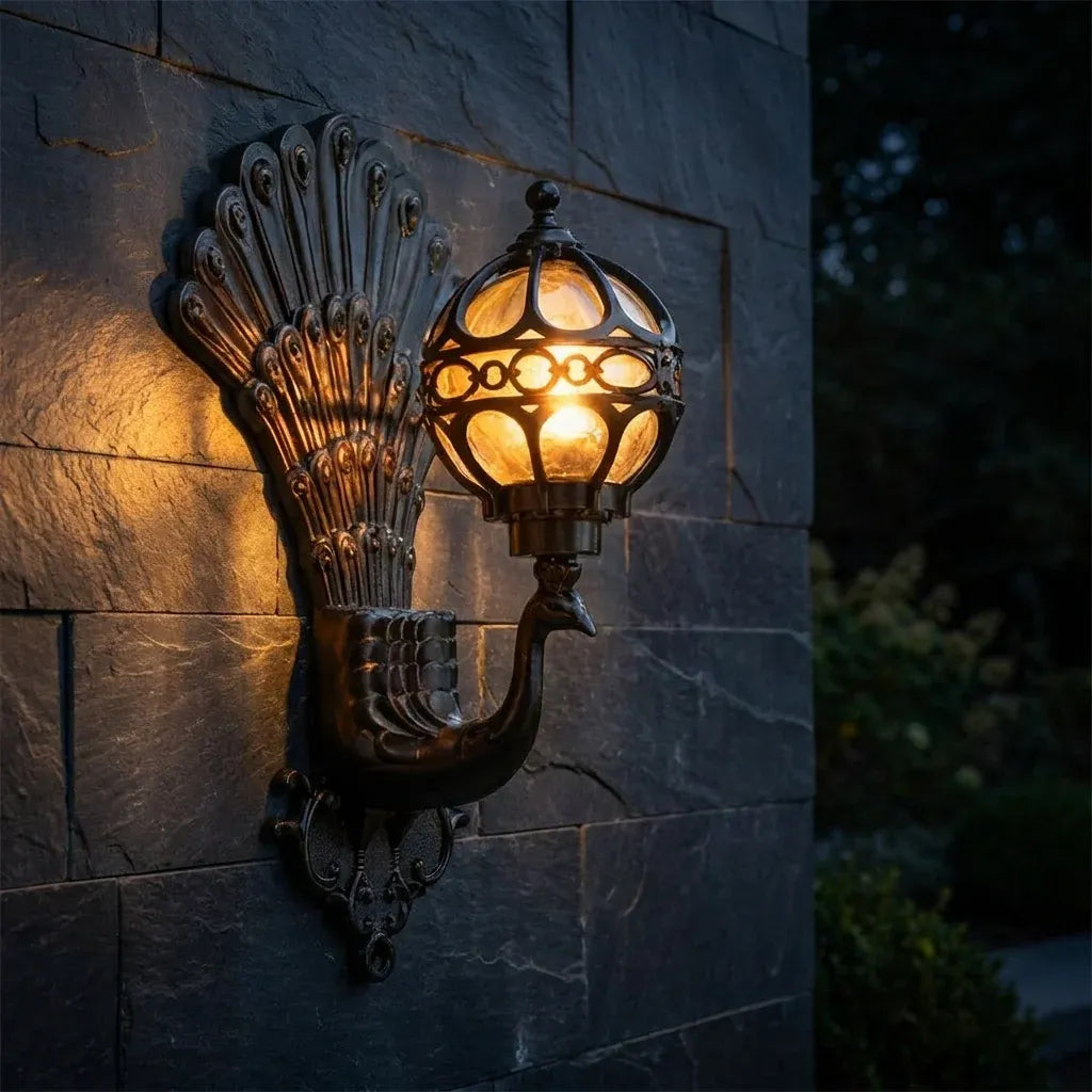 Peacock wall sconce on a modern slate wall at night