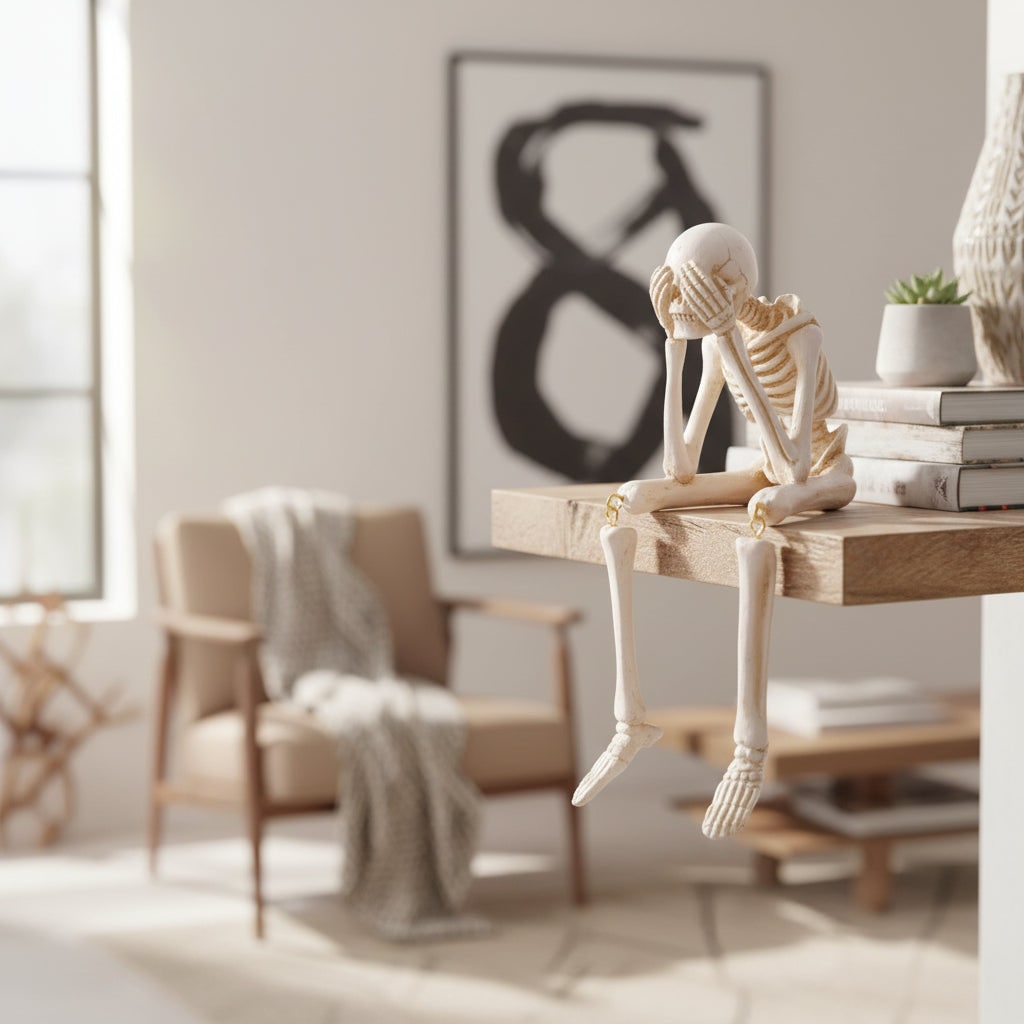 Halloween skeleton figurine on a light wood shelf in a modern living room