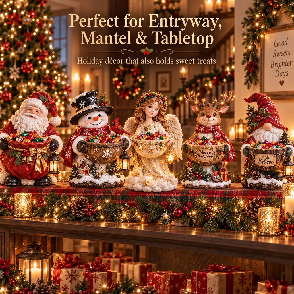 Lighted Christmas candy bowl with glowing Santa holding holiday treats