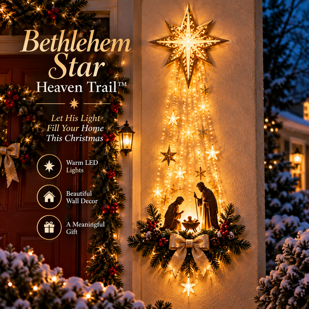 Lighted nativity wall decor with Star of Bethlehem glowing over the manger