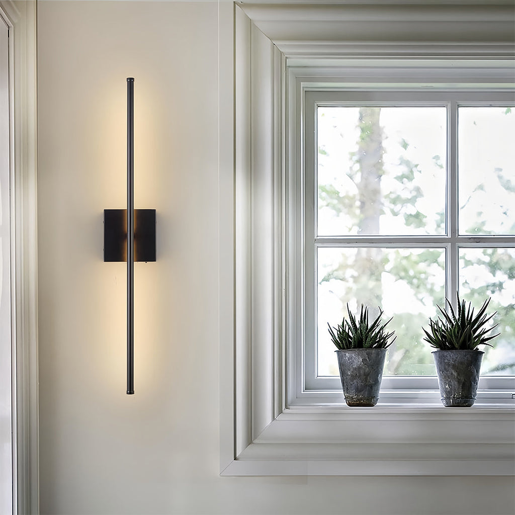 Battery operated wall sconces set of 2, linear LED, black, by a window