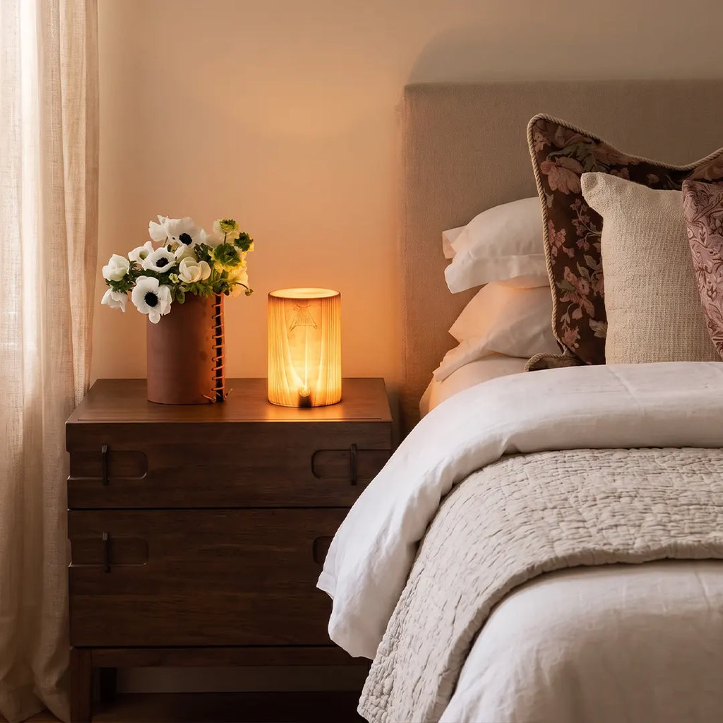 Wooden lamp, cordless wood table lamp, cube, on a nightstand