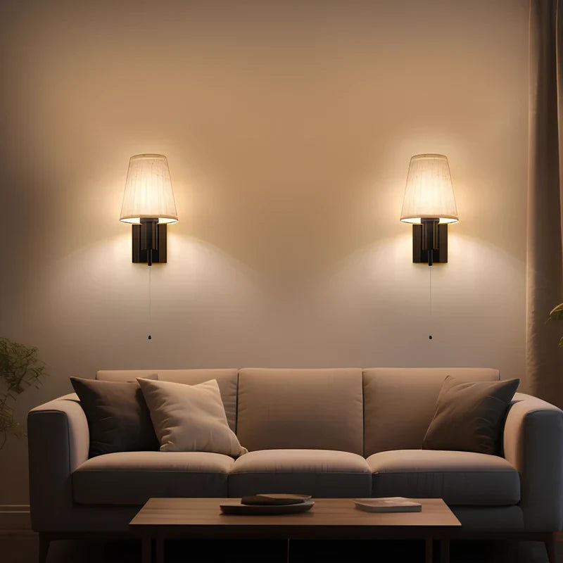 Battery wall lamp with fabric shade, cordless wall sconce